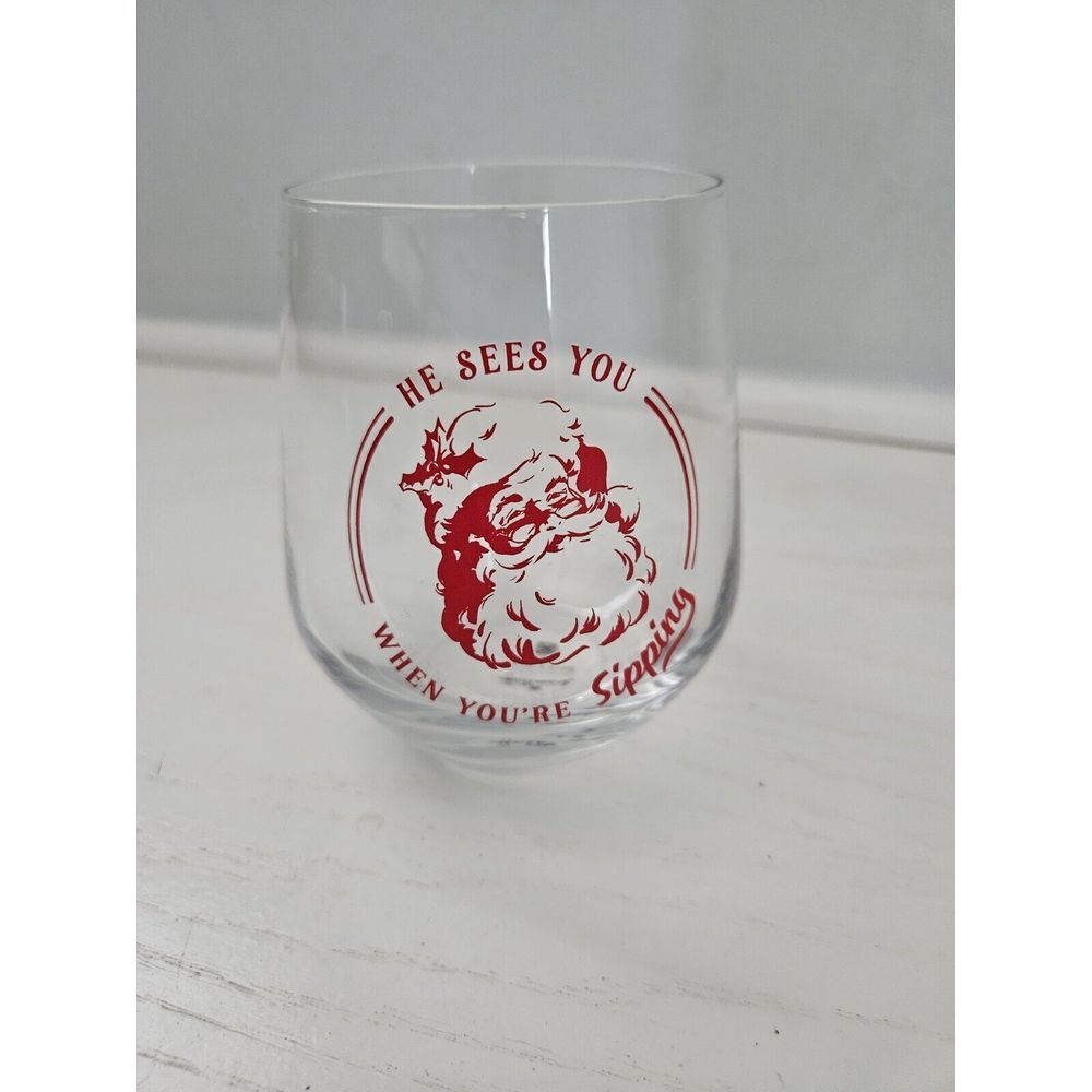 Hallmark He Sees You‎ When You're Sipping Santa Theme Stemless Wine Glass